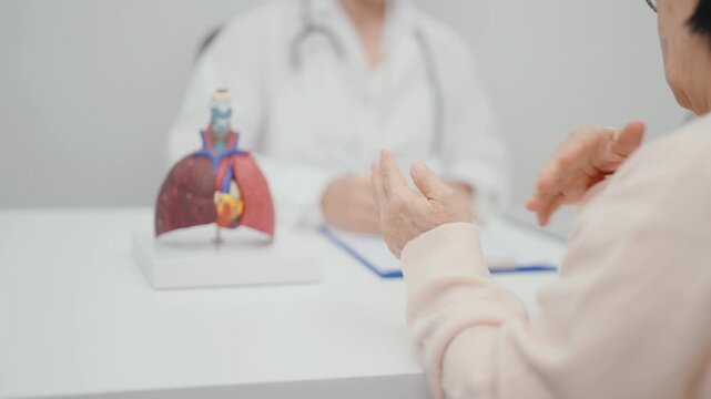 Doctor with Respiratory system. Elderly Patient consultation medical health for Lung Cancer, Asthma, Chronic Obstructive Pulmonary, Bronchitis, Emphysema, Cystic Fibrosis, Bronchiectasis, Pneumonia