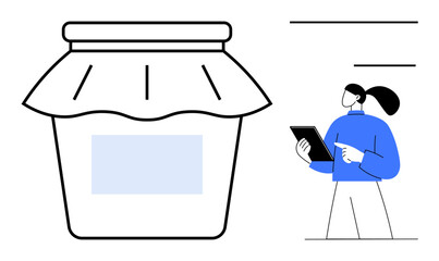 Large jar with cloth lid and central label beside woman holding tablet, analyzing design. Ideal for packaging design, product research, branding, marketing, eCommerce, retail, simple landing page