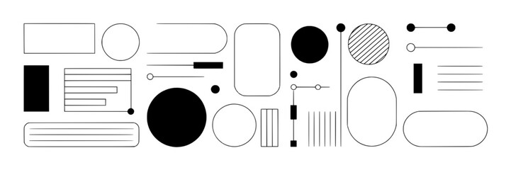 Minimalist vector graphic design elements set. Black and white geometric shapes: squares, circles, rectangles, ovals, lines, dots, and hatched patterns. Modern abstract monochrome illustration for web