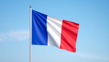 French Flag with Vertical Blue, White, and Red Stripes Waving Against Clear Sky