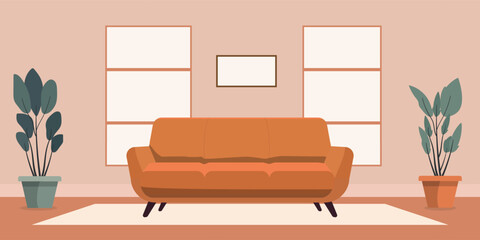 Modern Cozy Living Room Interior with Orange Sofa and Indoor Plants – Flat Vector Illustration.

