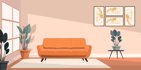 Modern Cozy Living Room Interior with Orange Sofa and Indoor Plants – Flat Vector Illustration.

