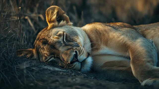 Lioness lying down, seemingly in a deep sleep, with eyes closed. The is captured during the golden hour sunlight, giving it a warm, tranquil glow.