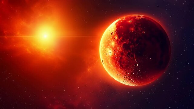 Stunning view of total lunar eclipse captured through telephoto lens at sunset