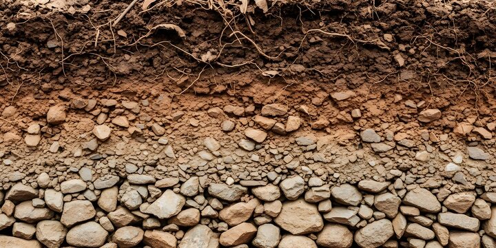 Visual of natural soil layers from topsoil to rock base, showing earth science concept.