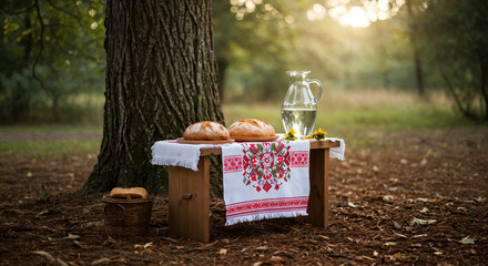 Traditional bread and water served on wooden table in forest clearing  