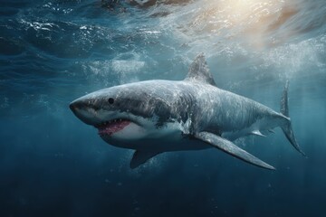 Naklejka premium Realistic portrayal of a Great White Shark Megalodon swimming in ocean depths showcasing its power and majesty