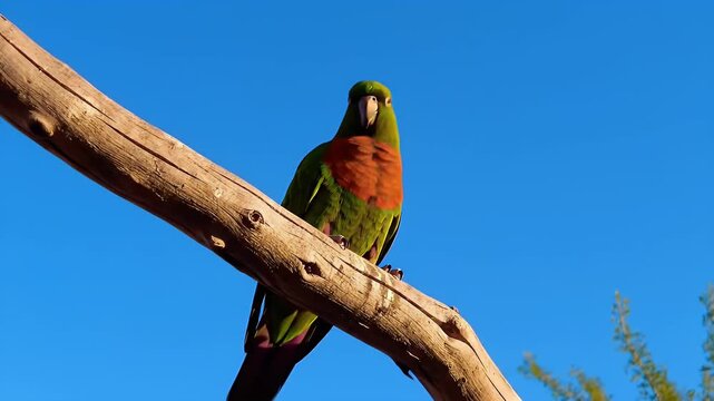 Vivid Green Parrot Perched on Branch Against Clear Blue Sky in Natural Light