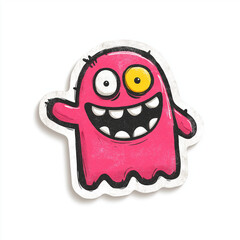 Cute pink cartoon monster with one yellow eye, big smile, and sharp teeth, drawn in a playful comic style with sticker-like texture on white background.