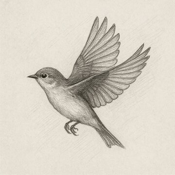Flying Bird Pencil Sketch on Textured Paper &ndash; Realistic Sparrow in Mid-Flight