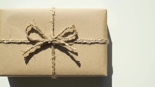Wrapped Brown Gift Box with Golden Glitter Ribbon on White Background Flat Lay