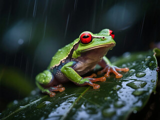 Green Frog on Leaf in the Rain
