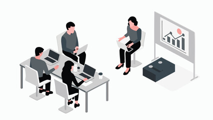 Isometric view of a team collaborating with laptops and a presentation screen in a meeting room