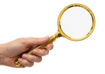 Hand holding a golden magnifying glass for inspection or search on a transparent background in a studio