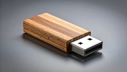 A wooden USB flash drive with a polished metallic connector and a striped wooden casing, resting on a dark, reflective surface, highlighting its natural and modern design.