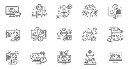 Vector line icon set for business intelligence, digital marketing strategy, and financial data analysis