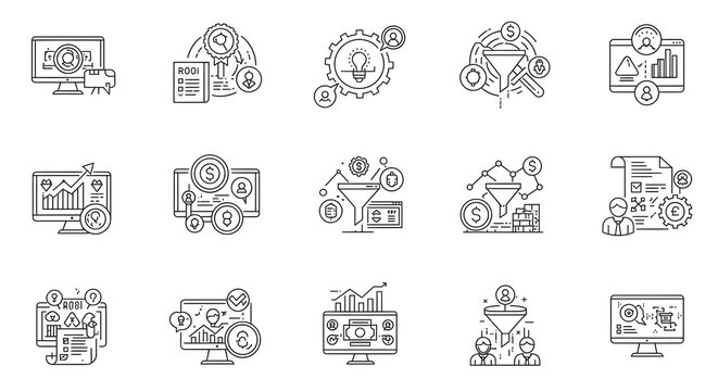 Vector line icon set for business intelligence, digital marketing strategy, and financial data analysis