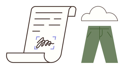 Document with digital signature, cloud icon, green pants symbolizing eco-friendly fashion. Ideal for contracts, digital security, cloud storage, eco-commerce, sustainability, minimalism simple flat