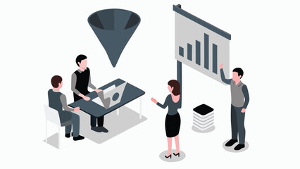Isometric view of business meeting with funnel chart and presentation board in a modern office space