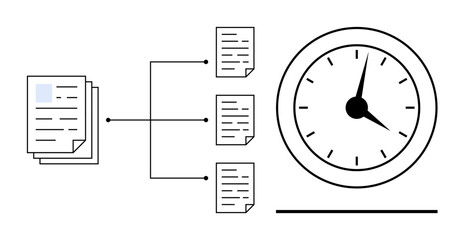 Documents flowing into individual files via arrows alongside an analog clock. Ideal for productivity, time management, efficiency, workflow, data processing, organization, simple flat metaphor