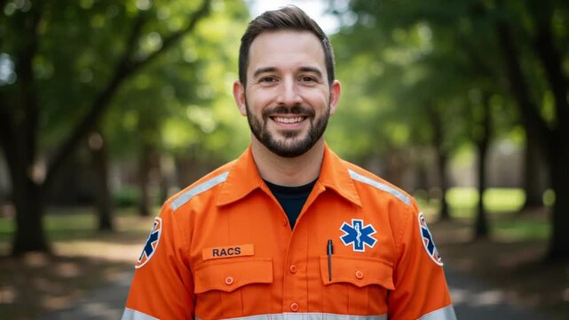 Smiling Paramedic in Orange Uniform with Star of Life Emblem and RACS Name Tag