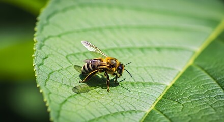 Detailed Close-Up of a Bee Resting on a Vibrant Green Leaf in Natural Light