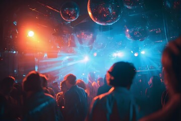 Obraz premium dimly lit club with disco balls and people dancing