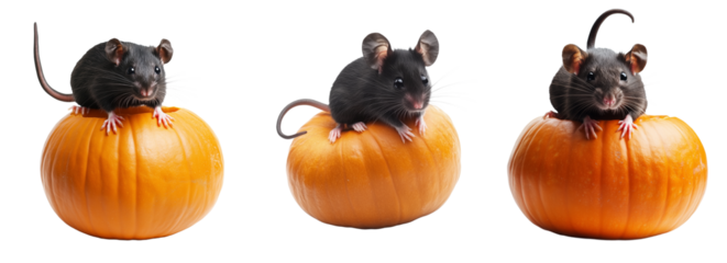 Set of Cute Mouse on Pumpkin Isolated on Transparent Background. PNG.