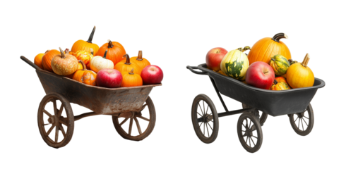 Set of Pumpkins in Trolley Isolated on Transparent Background. PNG.