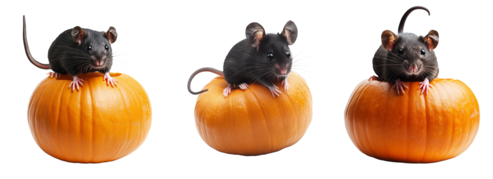 Set of Cute Mouse on Pumpkin Isolated on Transparent Background. PNG.