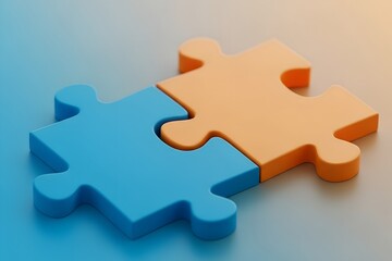 Two puzzle pieces connected together in blue and orange on a gradient blue and orange background