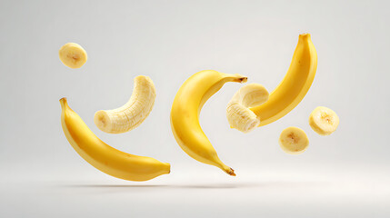 Floating bananas in various stages of peeling against a light gray background, showcasing freshness