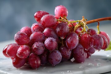 Red grape bunch glistening with dew, showcasing the vibrant color and freshness of crimson seedless grapes, perfect for snacking or adding to recipes