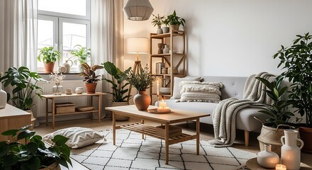 Fototapeta premium Cozy and Bright Living Room Interior with Natural Light Plants and Stylish Decor Featuring a Comfortable Sofa and Warm Candlelight