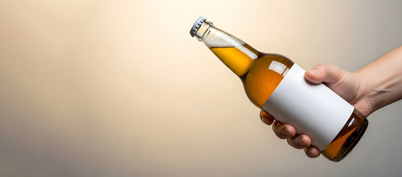 Hand holding clear beer bottle with blank white label on light background, banner template for beverage branding advertising and packaging design with copyspace.