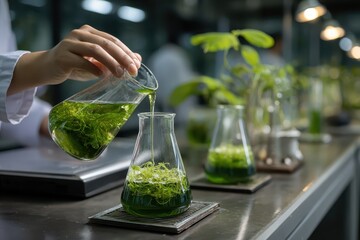 Research activity involving green algae in a laboratory setting focused on science and technology advancements