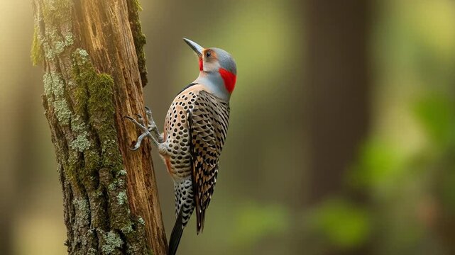 Northern Flicker woodpecker perched on a mossy tree trunk in its natural habitat