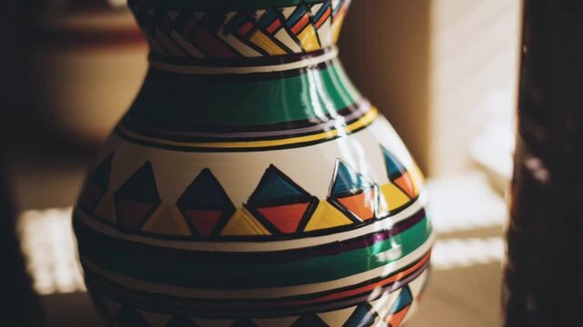 Painted vase displays artistic pattern indoor ambient light
