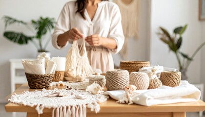 seasonal fairs. A woman crafts handmade items at a wooden table, surrounded by natural decor and various materials for creative projects.