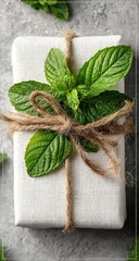 White gift box tied with twine, adorned with fresh mint leaves
