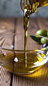 Pouring olive oil into glass bowl with fresh olives on rustic wooden table. Organic food footage.