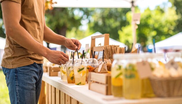 seasonal fairs. A person prepares drinks at a vibrant outdoor market stall filled with colorful beverages, creating a lively atmosphere.