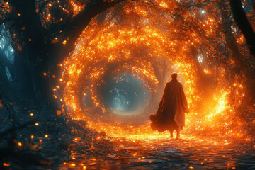 Dark knight surrounded by fire in a forest.