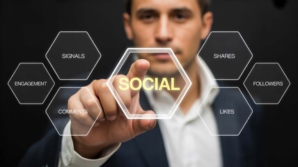 Social Media Marketing Concept Man Touching Virtual Interface for Engagement Shares Likes Followers Signals and Comments