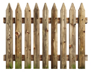 Weathered wooden picket fence isolated on transparent background