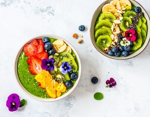 Two colorful healthy smoothie bowls with fresh fruits and edible flowers