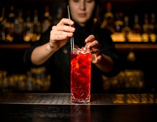 Bartender preparing a red cocktail in a highball glass