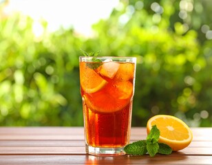 Refreshing iced tea with lemon and mint on a wooden table