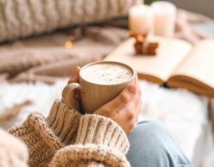 Person in a cozy sweater holding a cup of coffee with cinnamon