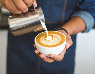 Barista's hands pouring milk to create latte art on coffee